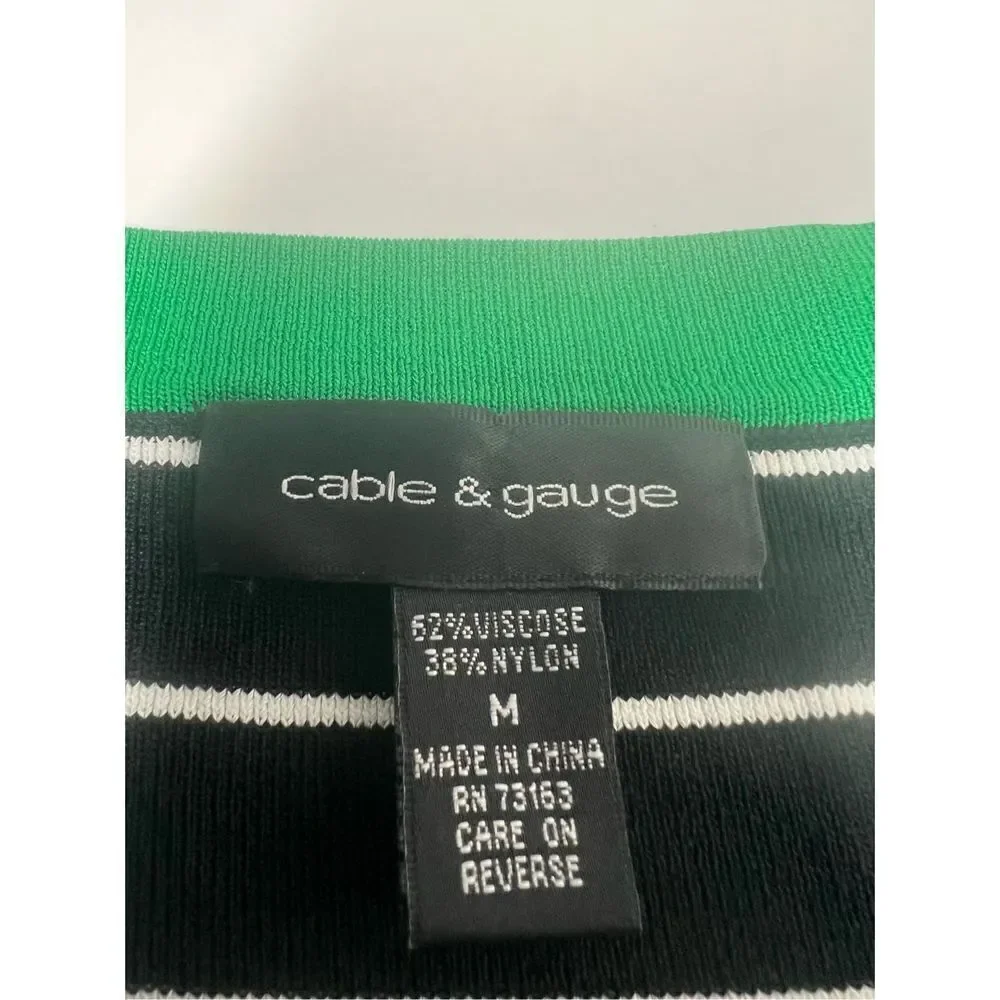 Cable & Gauge Women’s Size M Black White Green Striped V-Neck Sweater